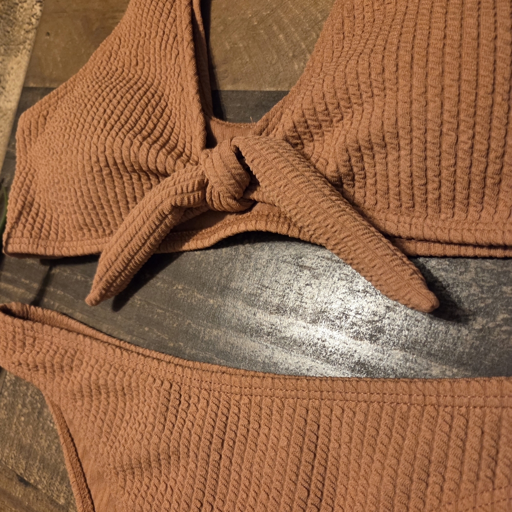 New Rust Ribbed Textured Tie Bikini Set S Small - Picture 3 of 7